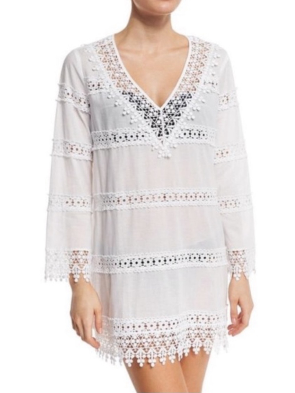 Tory Burch White Crochet Lace Long Sleeve V Neck Coverup Dress Sz. L